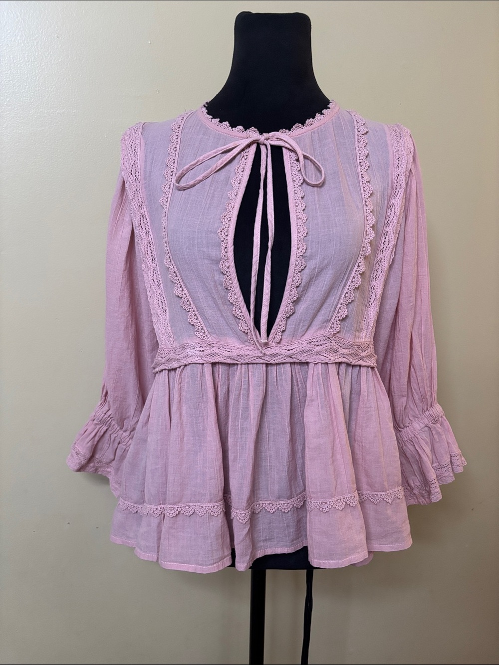 H&M Pink Lace-Trim cotton Blouse with Tie Keyhole